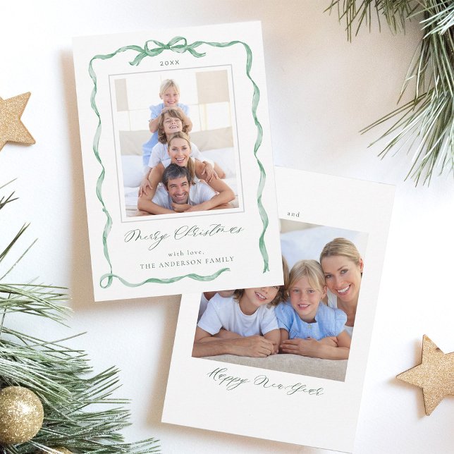 Wavy Green Ribbon Bow Frame 2 photo Christmas  Holiday Card (Front & Back)