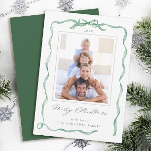 Wavy Green Ribbon Bow Frame photo Christmas Holiday Card