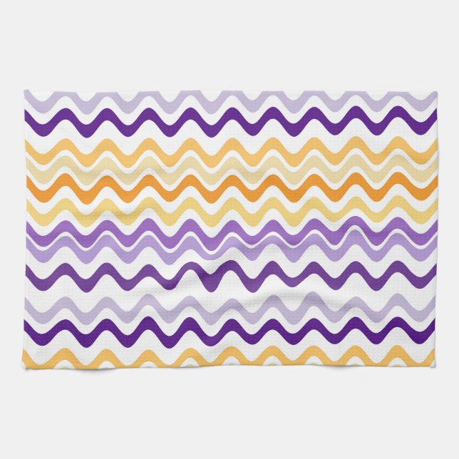 Wavy Groovy Stripes Purple and White Tea Towel (Horizontal)