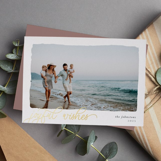 Wavy | Horizontal Joyful Wishes Photo Foil Holiday Card (Creator Uploaded)