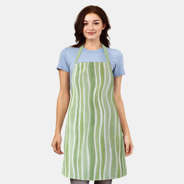 Wavy Lime Green Cream Stripes Apron (Worn)