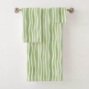 Wavy Lime Green Cream Stripes Bath Towel Set