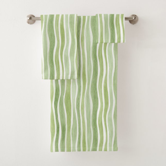 Wavy Lime Green Cream Stripes Bath Towel Set (Insitu)