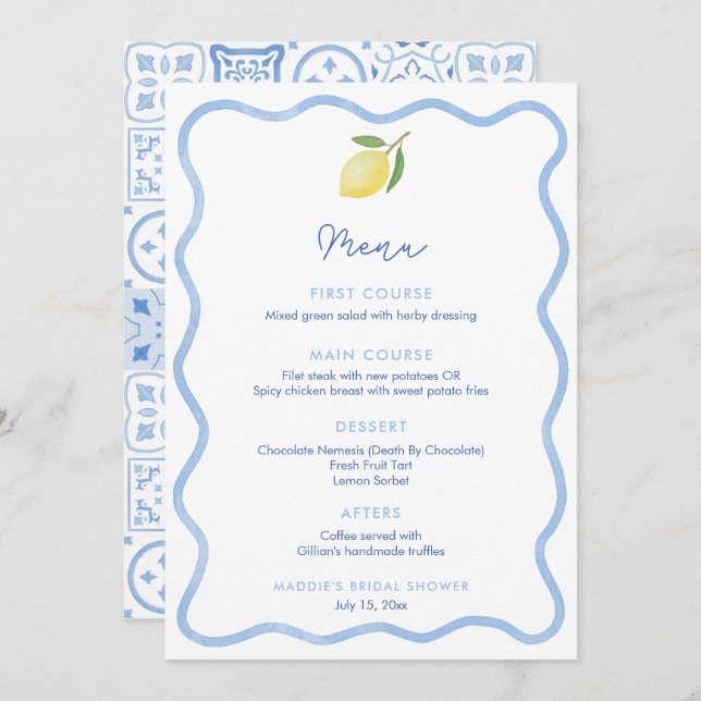 Wavy Line Border Lemon Wedding Shower Place Card (Front/Back)
