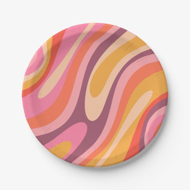 Wavy Loops Groovy Retro Abstract Pattern Paper Plate (Front)