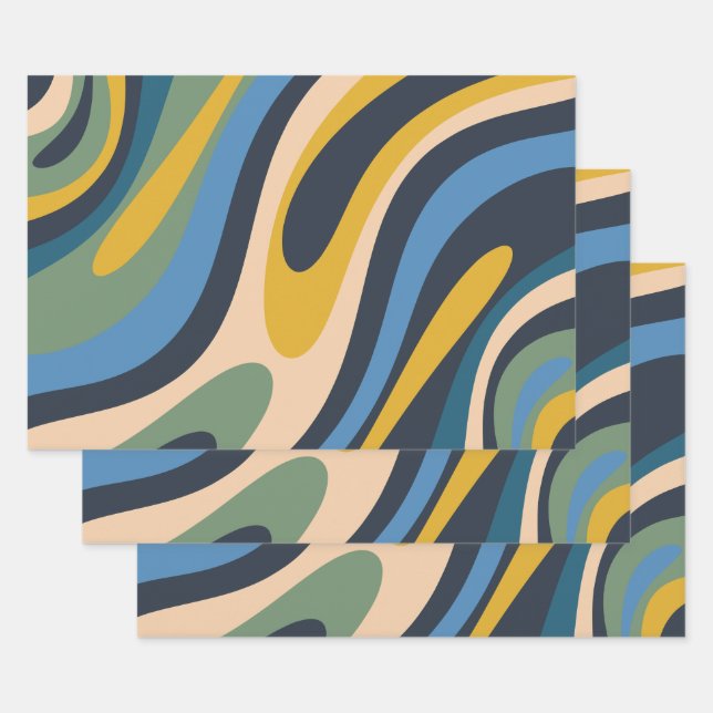 Wavy Loops Multicolor Retro Abstract Pattern  Wrapping Paper Sheet (Set)