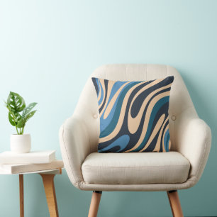 Wavy Loops Retro Abstract Pattern Blue and Beige Cushion