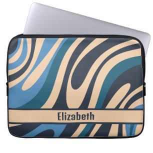 Wavy Loops Retro Abstract Pattern Blue and Beige Laptop Sleeve