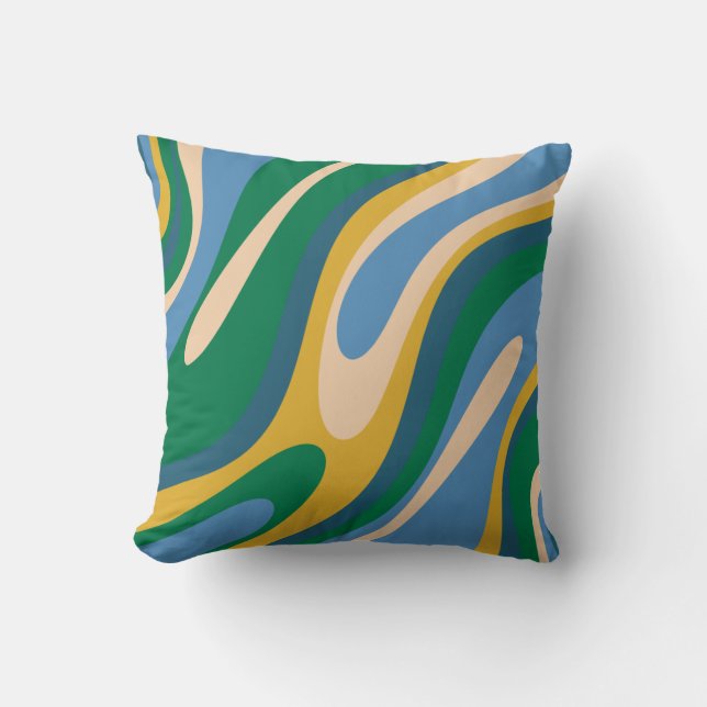 Wavy Loops Retro Abstract Pattern Blue Green  Cushion (Front)