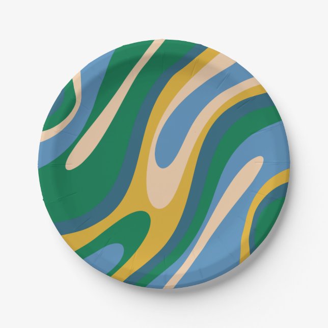 Wavy Loops Retro Abstract Pattern Blue Green Paper Plate (Front)