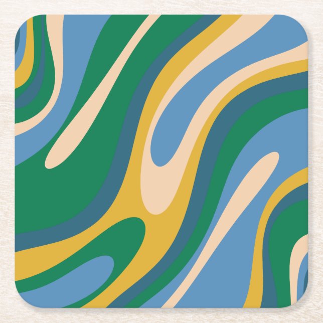 Wavy Loops Retro Abstract Pattern Blue Green Square Paper Coaster (Front)