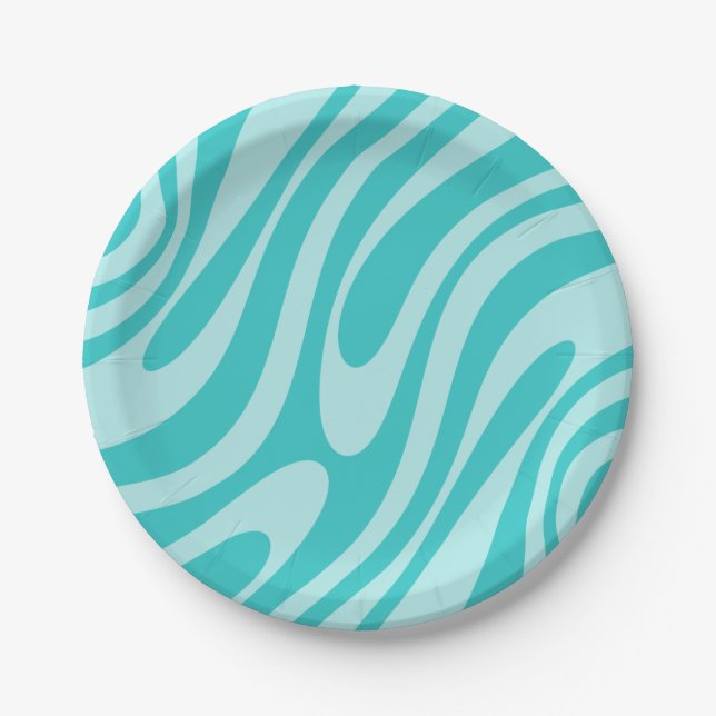 Wavy Loops Retro Abstract Pattern in Aqua Teal Paper Plate (Front)