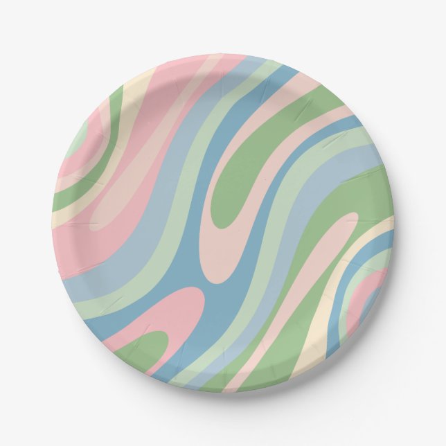 Wavy Loops Retro Abstract Pattern Pastel Blue Pink Paper Plate (Front)