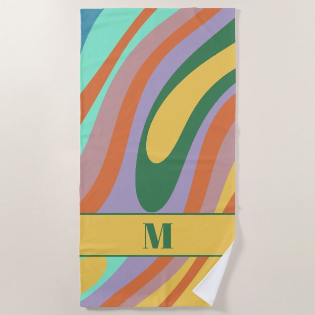 Wavy Loops Retro Colourful Abstract Pattern Beach Towel (Front)