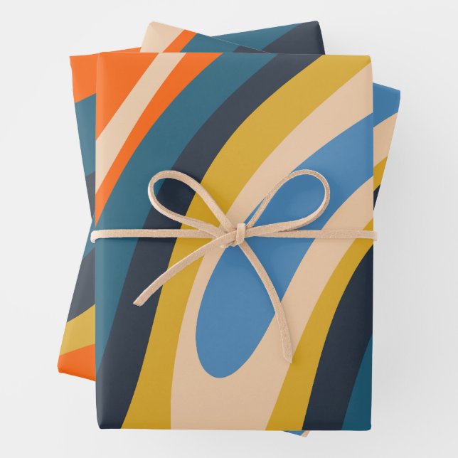 Wavy Loops Retro Modern Abstract Multi-Colour Wrapping Paper Sheet (In situ)