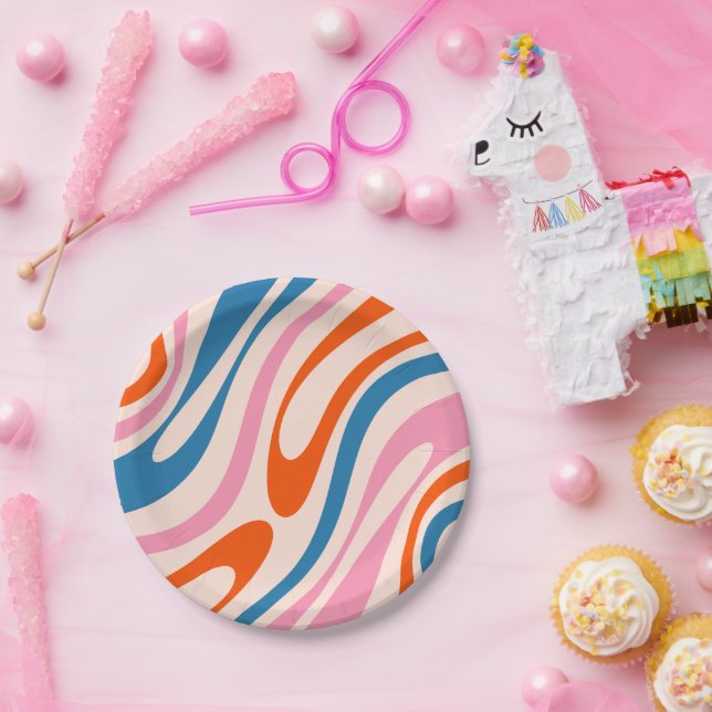 Wavy Loops Retro Modern Abstract Pattern Blue Pink Paper Plate (Party)