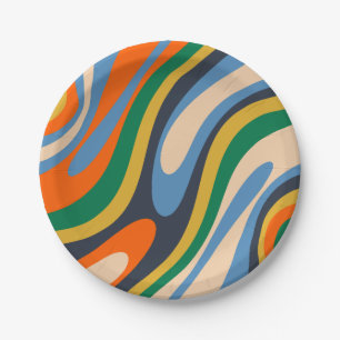 Wavy Loops Retro Multi-Colour Abstract Pattern Paper Plate