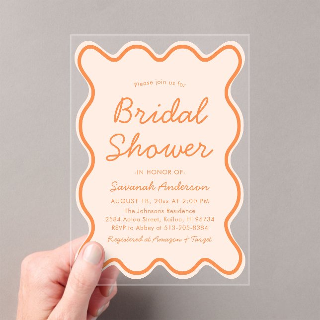 Wavy Modern Curvy Bold Peach Fuzz Bridal Shower Acrylic Invitations (Insitu (Handheld))