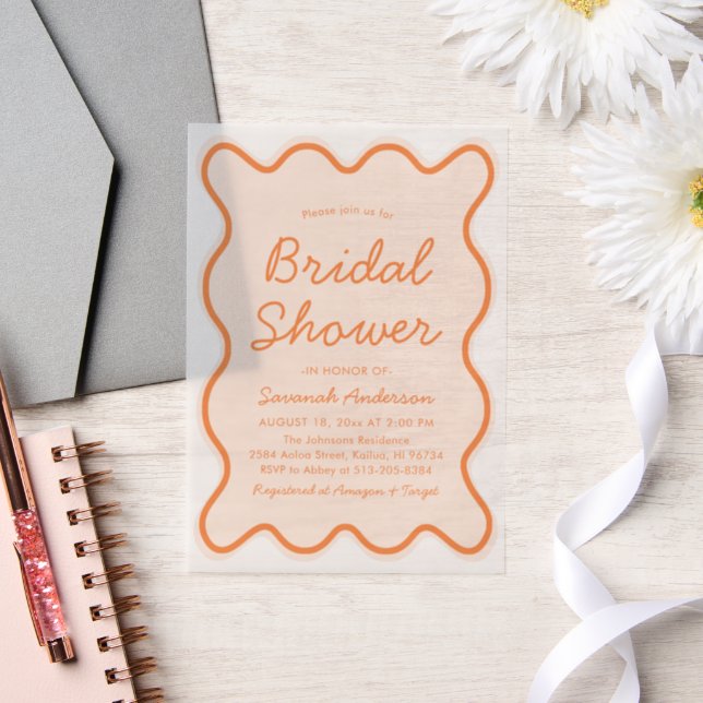 Wavy Modern Curvy Bold Peach Fuzz Bridal Shower Vellum Invitations (Wedding)