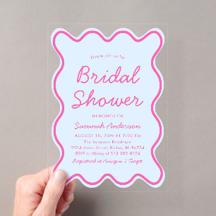 Wavy Modern Curvy Bold Pink and Blue Bridal Shower Acrylic Invitations
