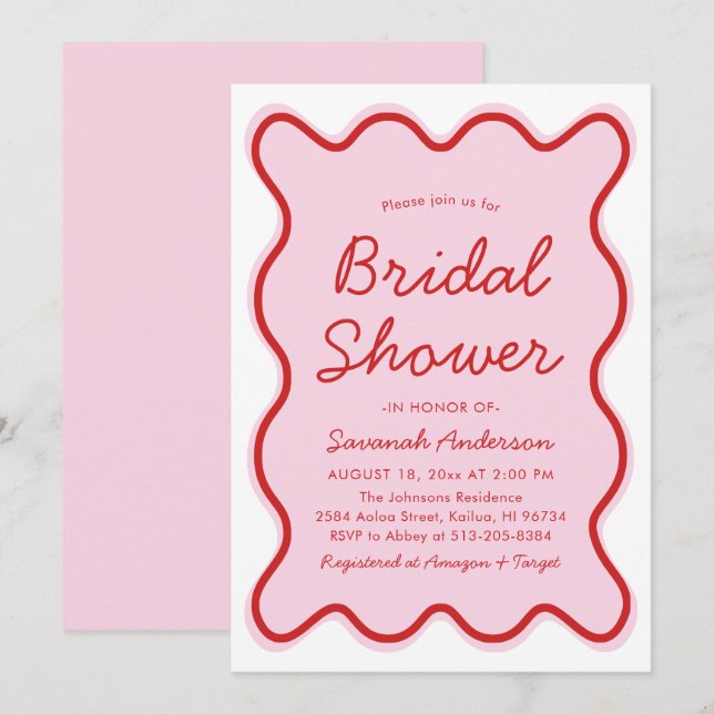 Wavy Modern Curvy Bold Pink and Red Bridal Shower Invitation (Front/Back)