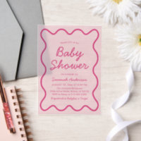Wavy Modern Curvy Bold Retro Pink Baby Shower Invi