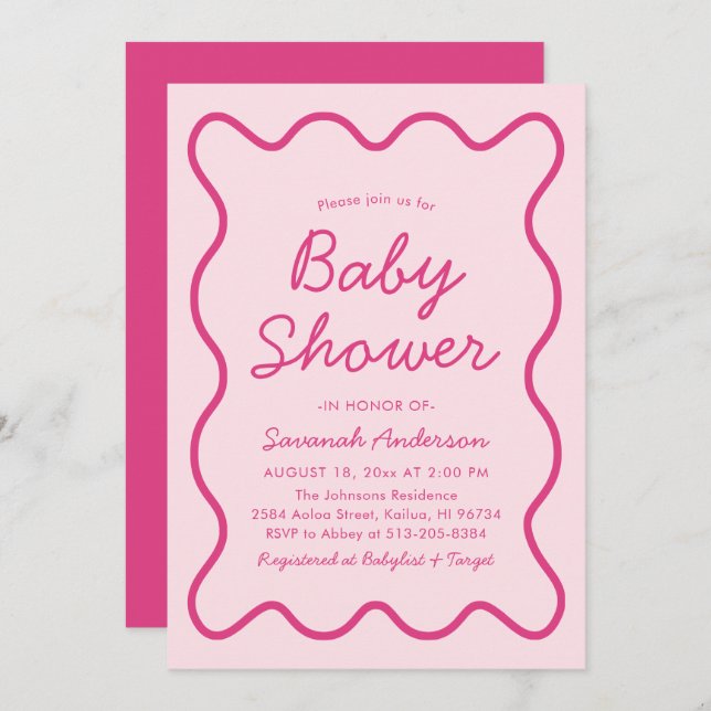 Wavy Modern Curvy Bold Retro Pink Baby Shower Invitation (Front/Back)