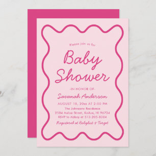 Wavy Modern Curvy Bold Retro Pink Baby Shower Invitation