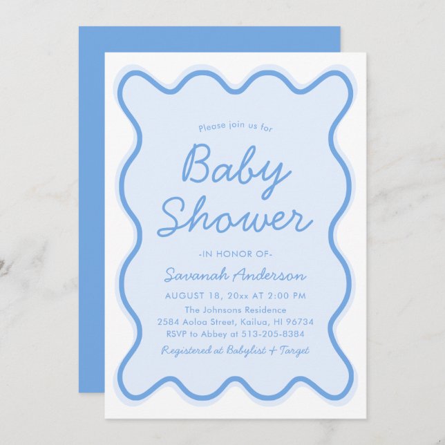 Wavy Modern Curvy Retro Dusty Blue Baby Shower Invitation (Front/Back)
