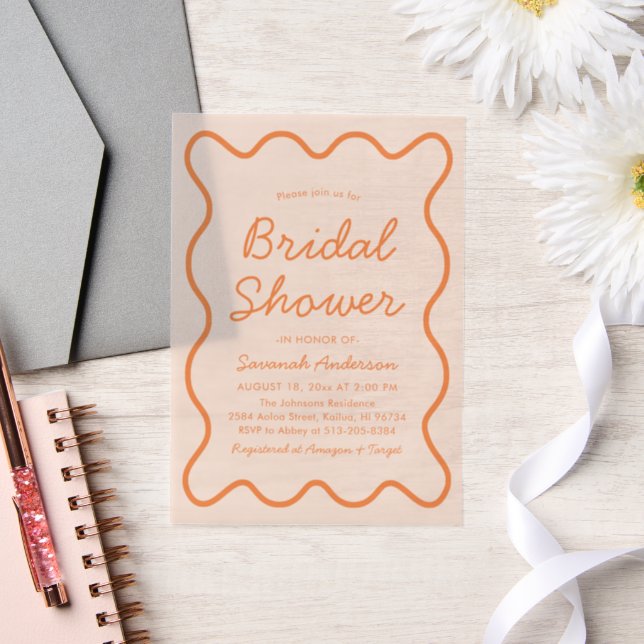 Wavy Modern Curvy Retro Peach Fuzz Bridal Shower Vellum Invitations (Wedding)