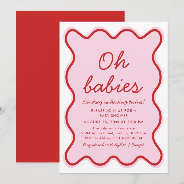 Wavy Modern Curvy Retro Pink and Red Baby Shower Invitation (Front/Back)