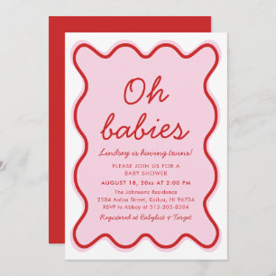 Wavy Modern Curvy Retro Pink and Red Baby Shower Invitation