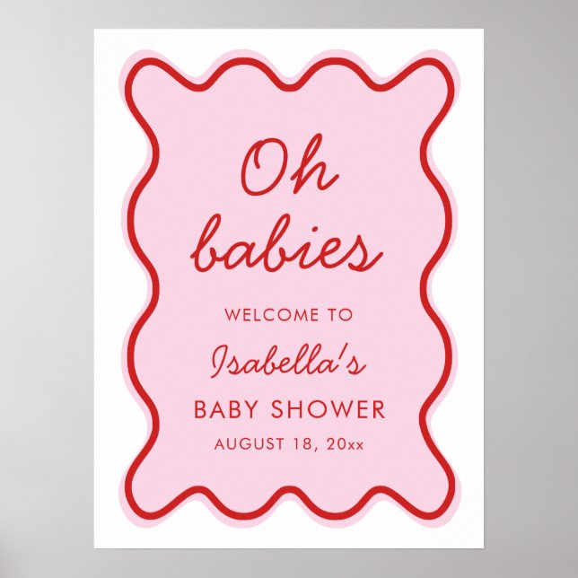 Wavy Modern Curvy Retro Pink and Red Baby Shower Poster (Front)