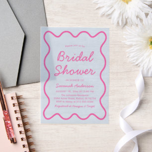 Wavy Modern Curvy Retro Pink Blue Bridal Shower Vellum Invitations