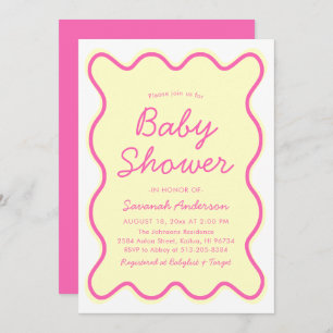 Wavy Modern Curvy Retro Pink Yellow Baby Shower Invitation