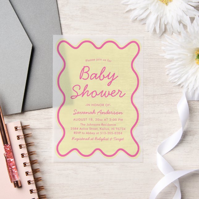 Wavy Modern Curvy Retro Pink Yellow Baby Shower Vellum Invitations (Wedding)