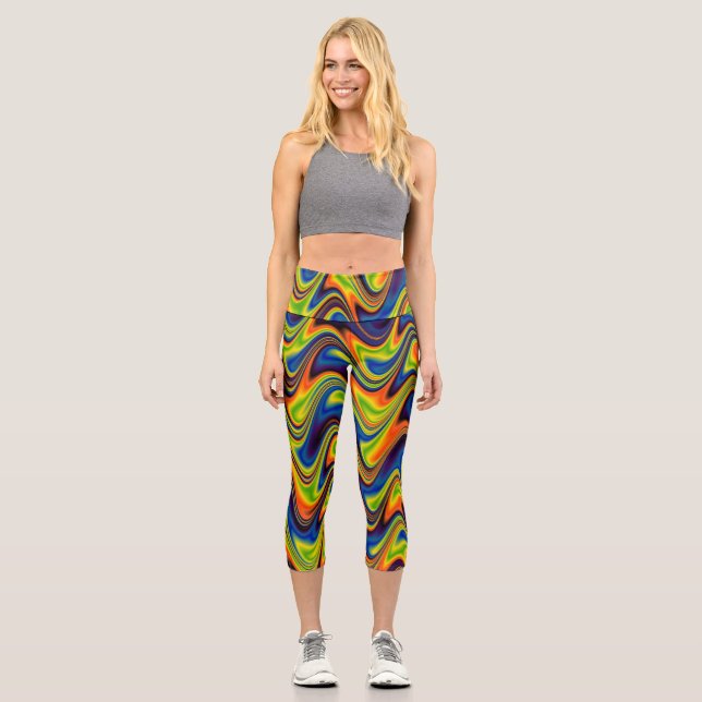 Wavy Multicolor Abstract Capri Leggings (Front)