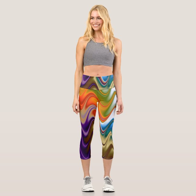 Wavy Multicolor Abstract Capri Leggings (Front)
