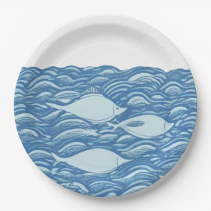 Wavy ocean and fishes paper plate