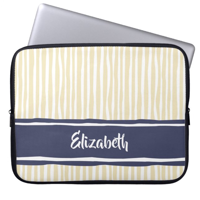 Wavy Painterly Stripes Navy and Cream With Name Laptop Sleeve (Front)