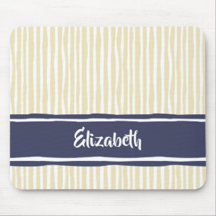 Wavy Painterly Stripes Navy and Cream With Name Mouse Pad
