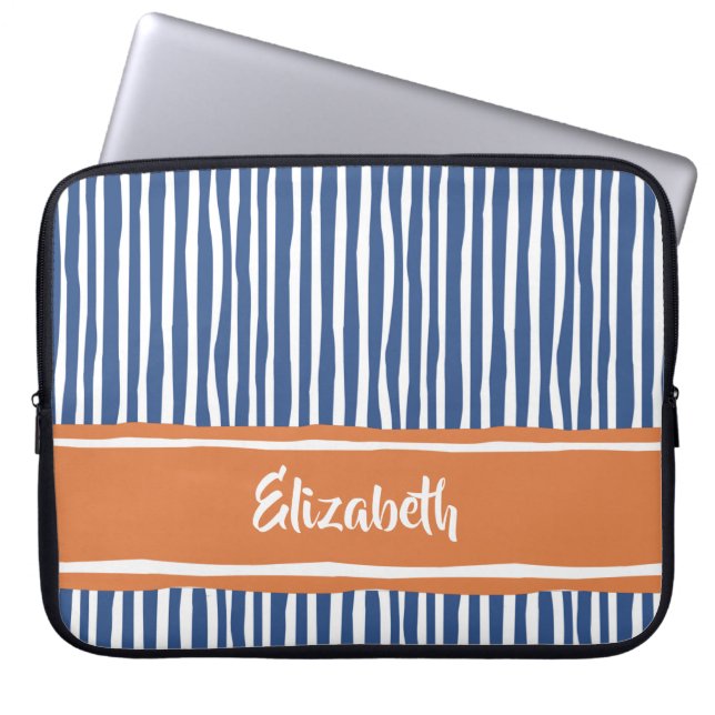 Wavy Painterly Stripes Orange and Blue With Name Laptop Sleeve (Front)