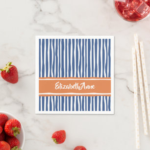 Wavy Painterly Stripes Ornage and Blue With Name Napkin