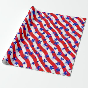 Wavy Patriotic Blue Stars Over Red & White Stripes Wrapping Paper