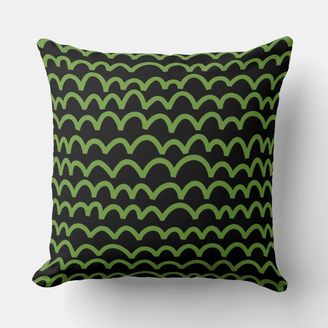 Wavy Pattern - Avocado Green on Black Cushion (Front)