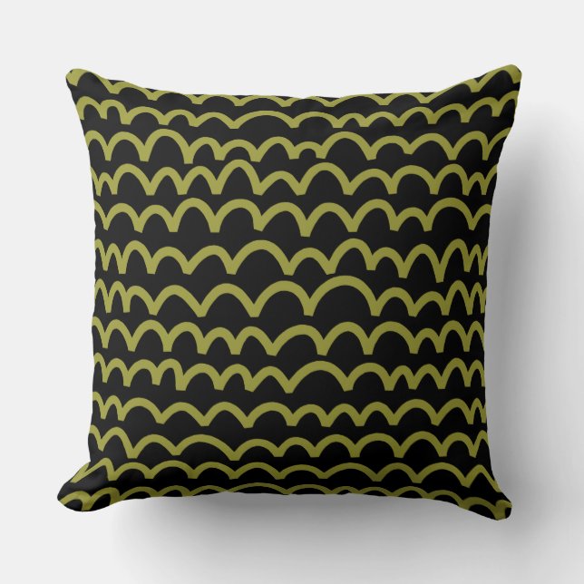 Wavy Pattern - Olive on Black Cushion (Front)