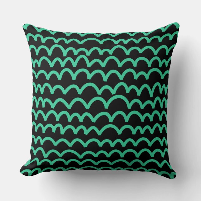 Wavy Pattern - Sea Green on Black Cushion (Front)