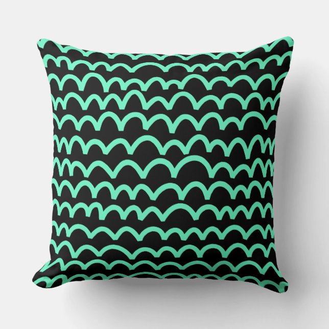 Wavy Pattern - Turquoise on Black Cushion (Front)