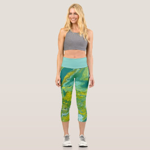Wavy Patterns of Lime Green and Yellow paint flows Capri Leggings