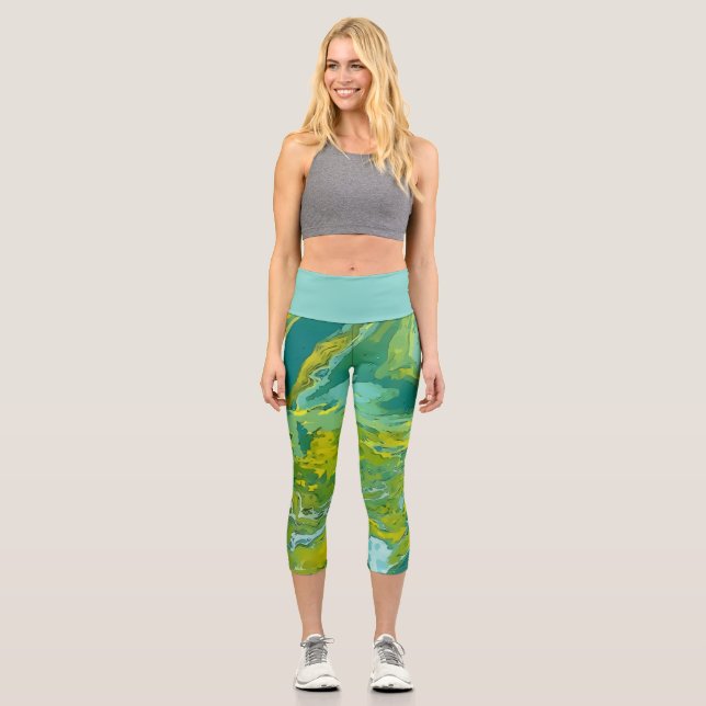 Wavy Patterns of Lime Green and Yellow paint flows Capri Leggings (Front)